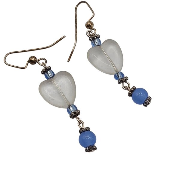 Women's Fashion Jewelry Clear Heart Shaped Blue Beaded Dangle Drop Hook Earrings - Picture 1 of 11